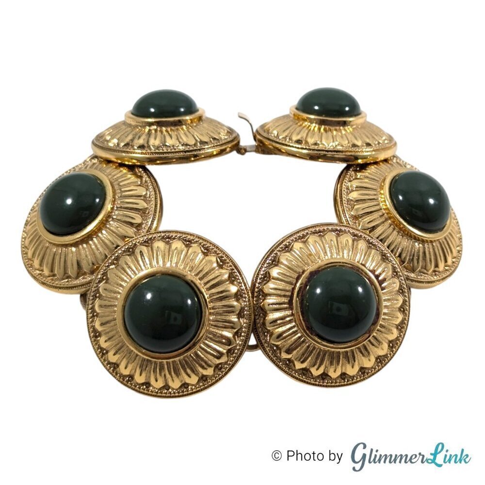 Trina Turk Green Cabochon Round Medallion Gold Tone Link Bracelet